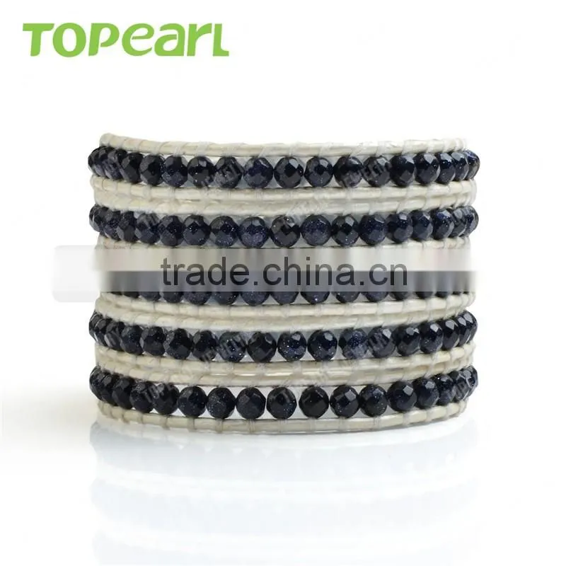 Topearl Jewelry Blue Sandstone Fashion Bracelet Woven Leather Wrap Bangle 33.5 Inches CLL138