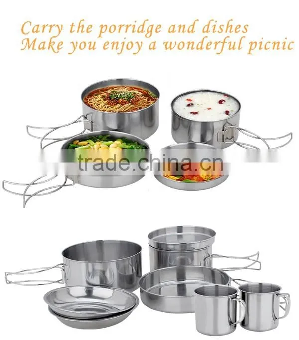 wholsale stainless steel 8pcs picnic cookware ,camping cookware set