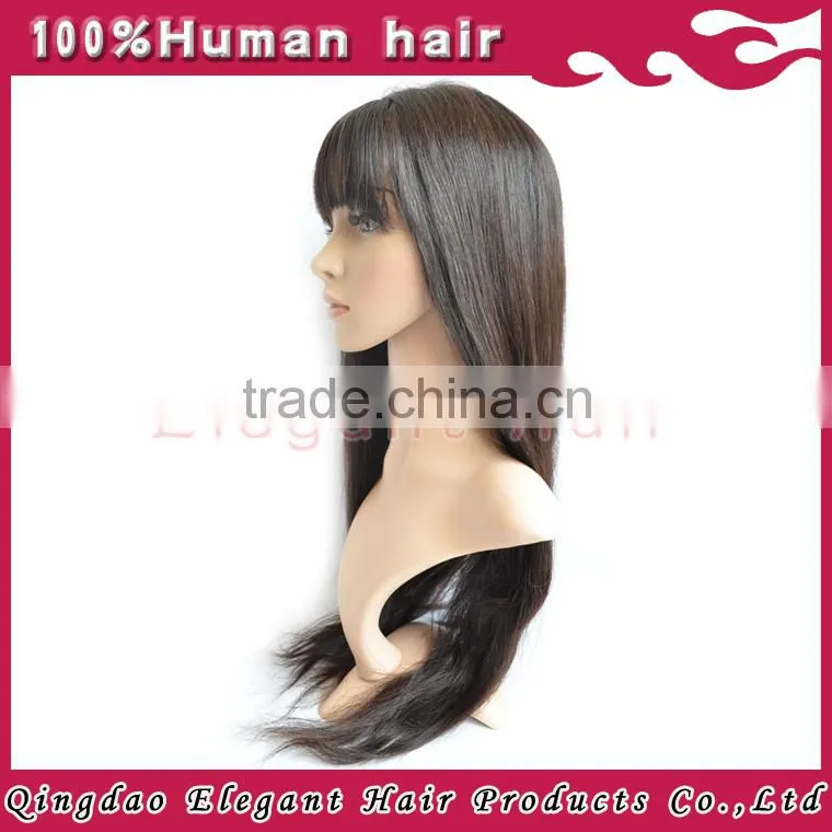 AAAAA Grade Natural Hair Line Peruvian Remy Full Lace Silky Straight Human Hair Wig with bang