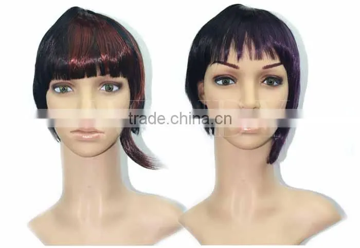 Factory Wholesale MOQ 1 PC one purple streak in black hair short wigs with bangs synthetic wig