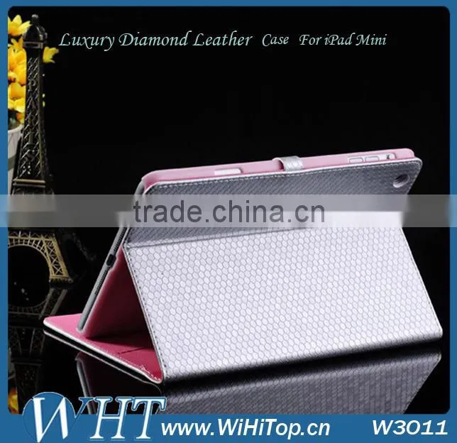 High Quality Diamond Leather For iPad Mini Leather Case Cover.Folio Leather Wallet Case for iPad Mini 7.9 inch.WHTS003