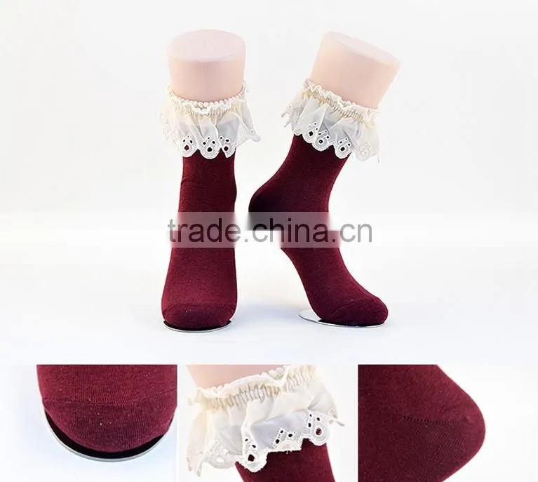 lady 200N fashion cotton socks with chiffon lace on the cuff wholesale socks