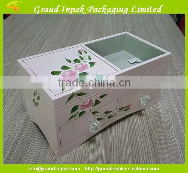 Fancy Custom made wooden jewelry gift box with flower drawing in pink color