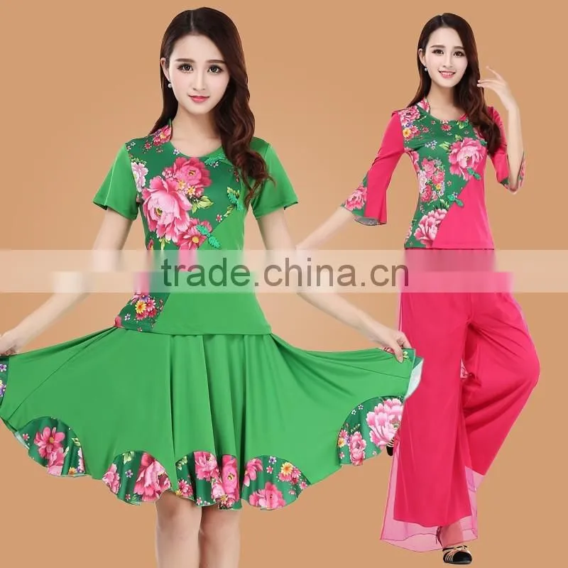 square dance dress suit Digital printing middle-aged and old spring and summer long, short-sleeved adult performance clothing