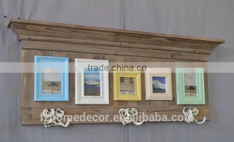 Shabby chic wooden wall shelf multifunction with frames and hooks