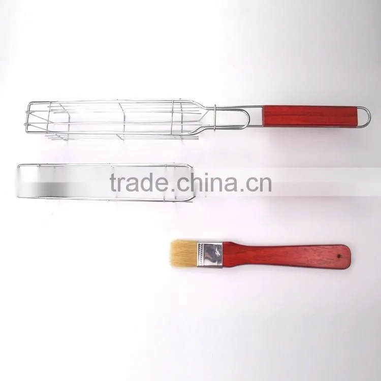 Grill basket with wooden handle