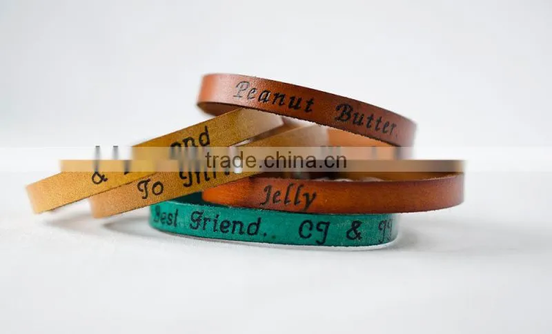 personalized inspired words engraved leather bracelet, custom logo hand-stamped leather bracelet, adjustable leather bracelet