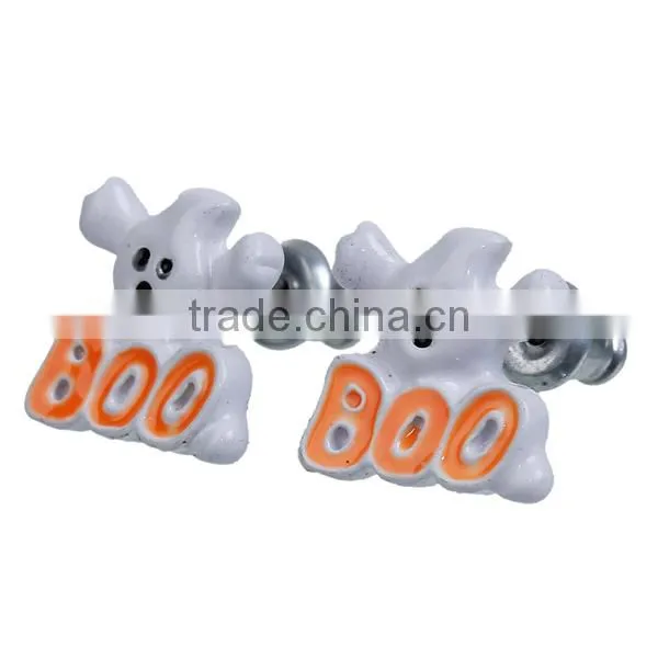Ear Studs Earrings White & Orange Halloween Ghost Message Boo " Carved x 11mm