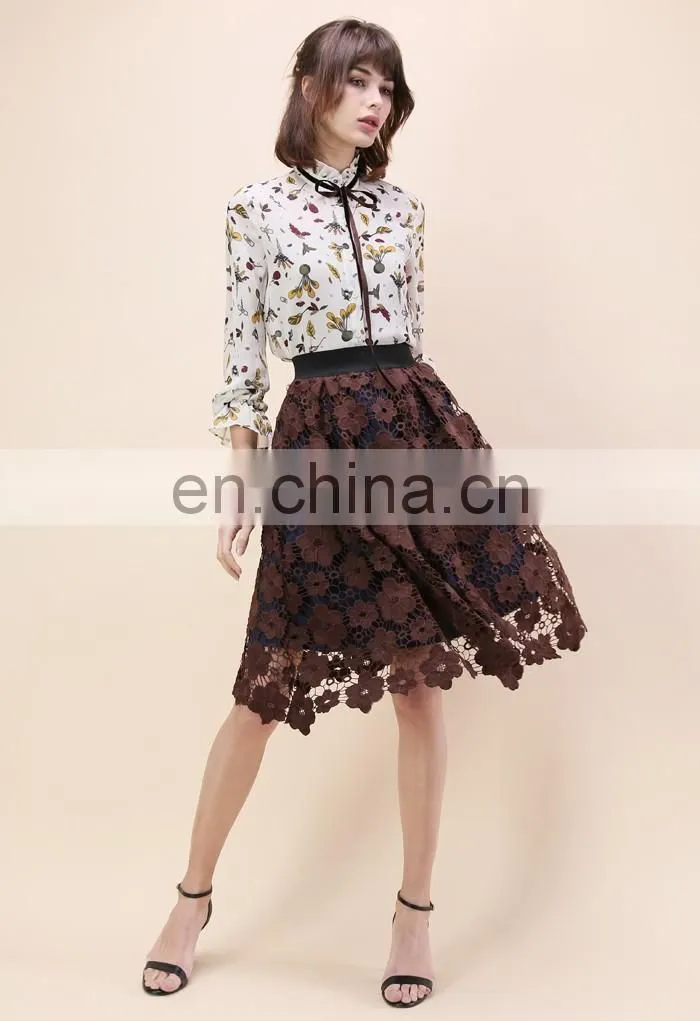 Women Latest Fashion Blouse Designs Flora Printed Long Sleeves Sheer Chiffon Blouse