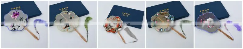Chinese style multi-pattern silk embroidery handmade fan with wooden handle and tassel pendant