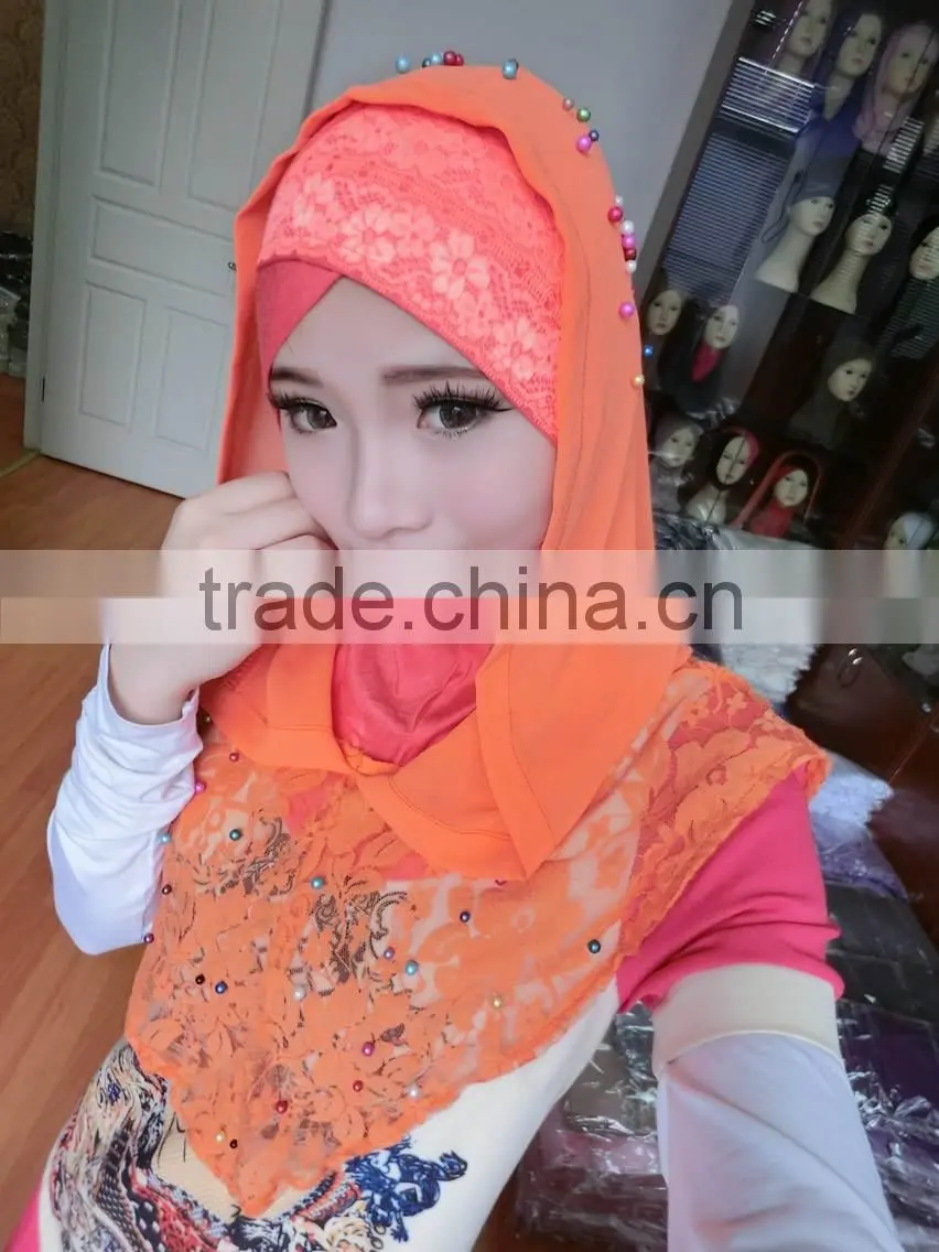 A390 Newest 2015 lace chiffon pearl islamic scarf hijab MUSLIM 2 PIECEs LONG HIJAB