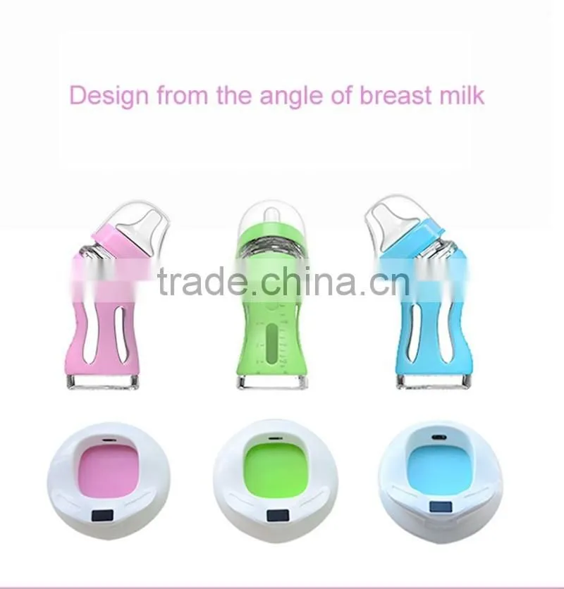 New design high borosilicate glass baby feeding bottle pink green bule color with temperature sensing base