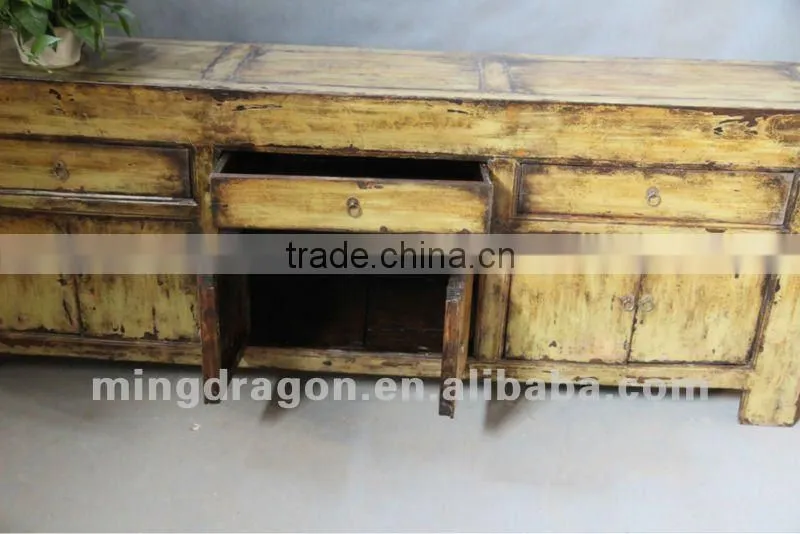 Chinese antique furniture pine wood light yellow color Shanxi three drawer six door TV cabinet