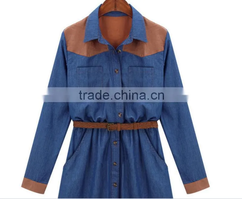 2015 fashion high quality New Arrival girls long sleeve denim winter dress with contrast color