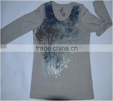 Ladies sequins transfer print t shirt