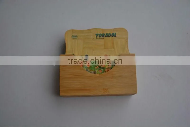 6 pcs Chinese Image Pattern Nature Bamboo Woode Coaster Kitchen Cup Mat with Wooden Holder Set