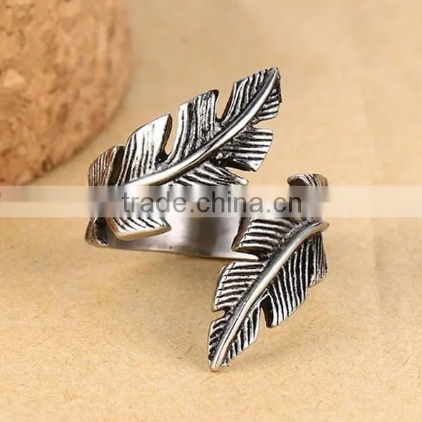 2016 Retro Style Feather Stainless Steel Cuff Ring