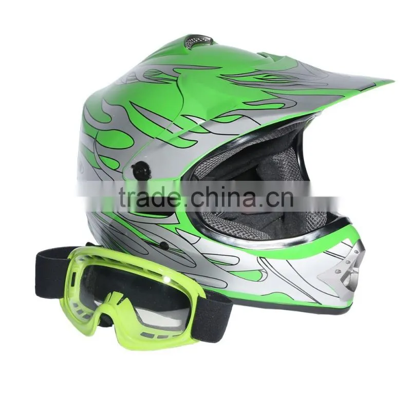 Youth Green Silver Flame Dirt Bike ATV Motocross Offroad Helmet MX+Goggles S/M/L