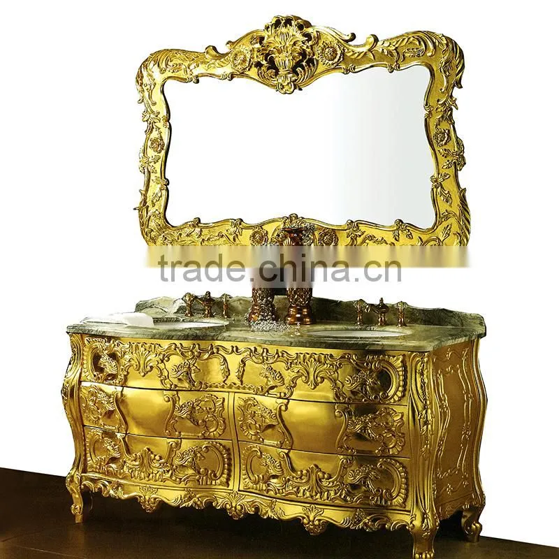 Vintage Ornate Baroque Reproduction Italian Style Solid Wood Bathroom Cabinet with Brown Marble Countertop BF12-06144b