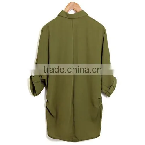 3 Colors Plus Size 2015 New Fashion Casual Women Clothing Ladies Chiffon Lapel Long Batwing Sleeve Shirt Top Blouse