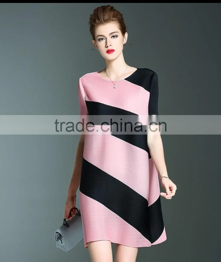 Online shop women twill printed O neck pleated dresses