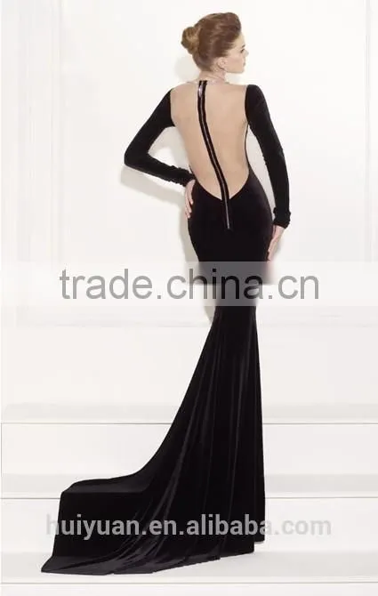 long sleeve see though back black velvet evening dress