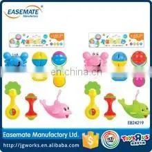 Hot selling plastic funny baby rattle and teether three color ball two-headed bear