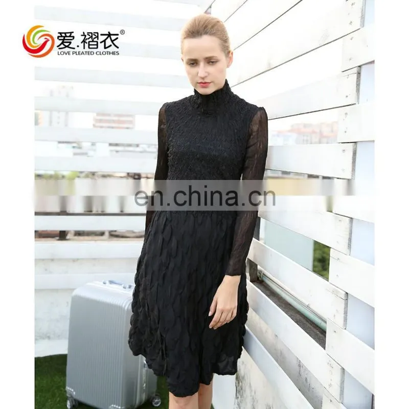Ladies elegant Sexy Long sleeve High neck One - piece black dresses with see through sleeve