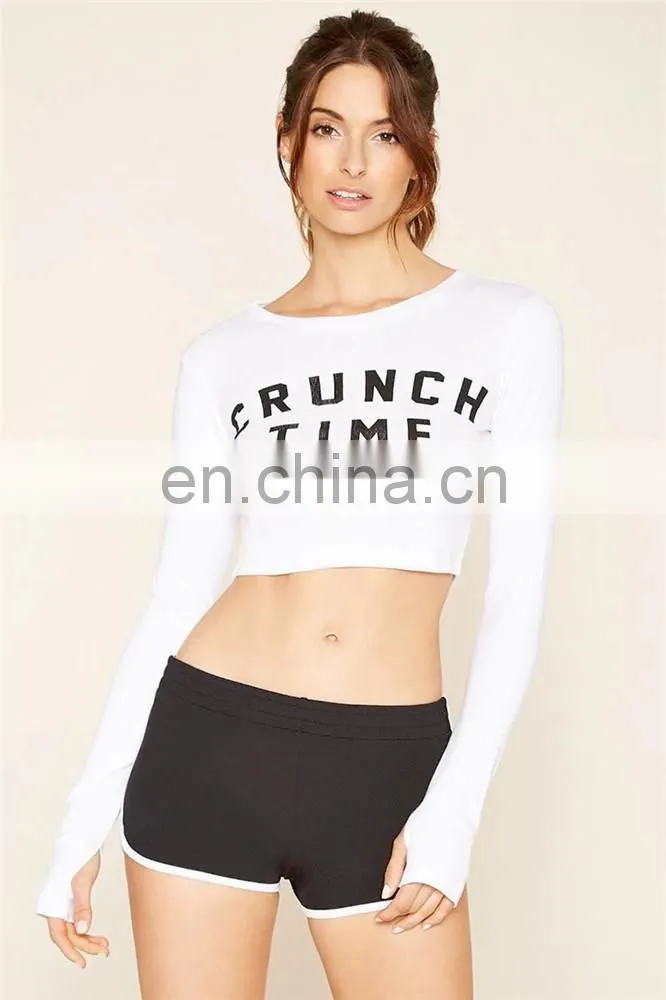 Latest crop tops design dri fit polyester casual wear white color women slim stretch t shirt with letter printing