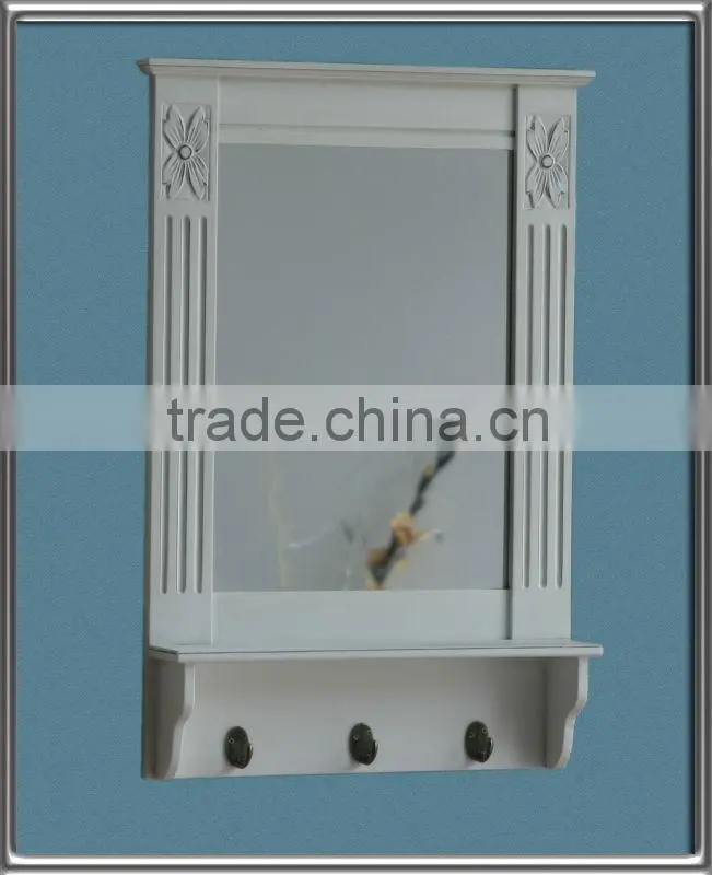 white painted wooden framed mirror with hooks / decorative mirror / wooden MDF wall mirror