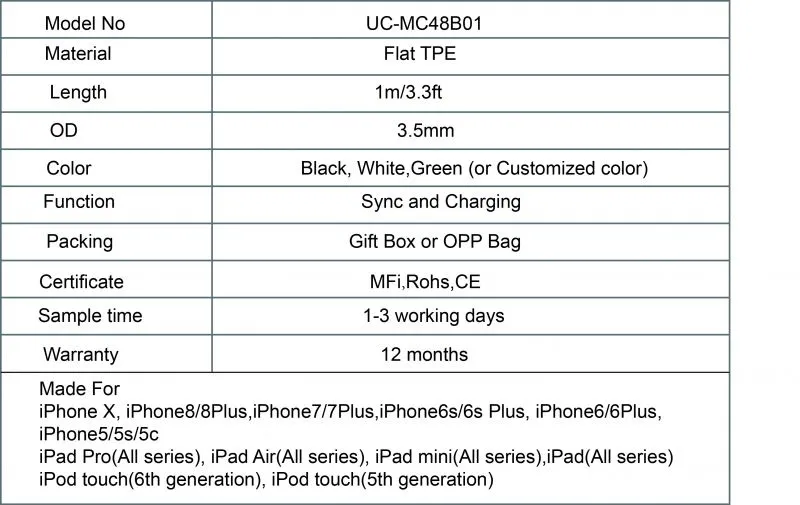 Premium flat noodle mfi lightn ing cable fast charging data usb charger for Apple iPhone 7/7plus/8/8plus