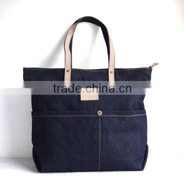 High Quality Navy Denim Bag Denim Tote Bag With Leather Trim
