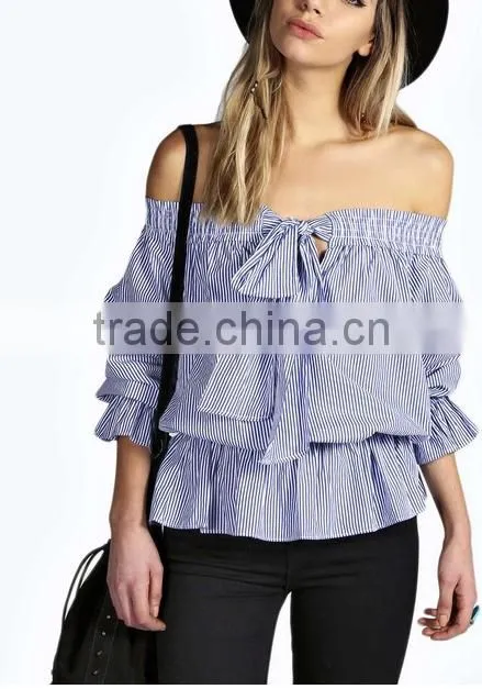 2015 china manufacturer customized ladies the latest design shoulder striped blouse