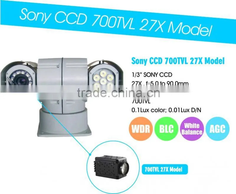 700TVL Analog Vehicle IR Varifocal PTZ Camera 1/3" Sony CCD Vehicle PTZ Camera Multi-protocol Weatherproof Design Wth Wiper