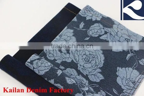 KD-628-12TY 280g Twill Indigo Black Flower Printed Knitted Denim Fabric