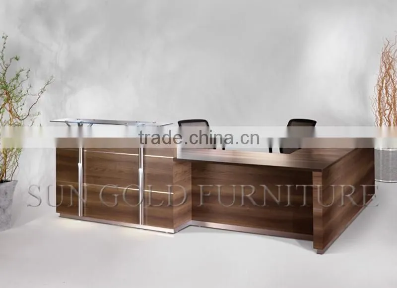 Modern High Glossy L shape Glass Top and Wooden Office Reception Table(SZ-RT036)