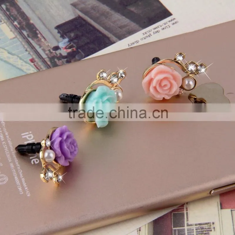 Rose Flower 3D Crystal Bead Pearl Anti Dust Plug Charms For 3.5mm Phone For Apple4 4S 5 For Samsung Galaxy S3 S4 For HTC