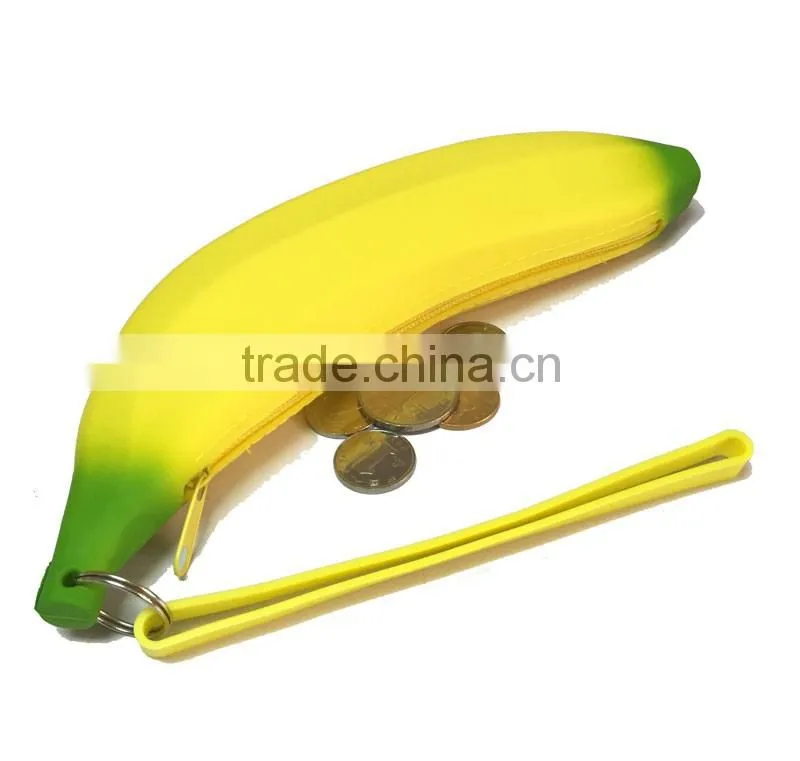 Novelty Cosmetic Pen Stationery Fruit Banana Pencil Bag Silicone Zipper Pouch Fashion Lady Coin Purse