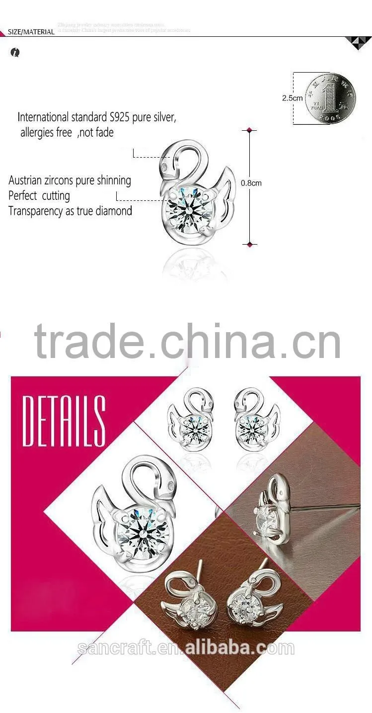 wholesale sterling earring silver 925 with Austrian zircon swan Style
