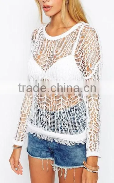 Summer sleeveless white perspective hole sexy girls women net tops latest design
