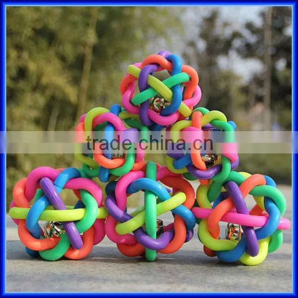 Colorful rainbow soft rubber dog chew bell ball, TPR woven teeth-cleaning pet toy chew bell ball