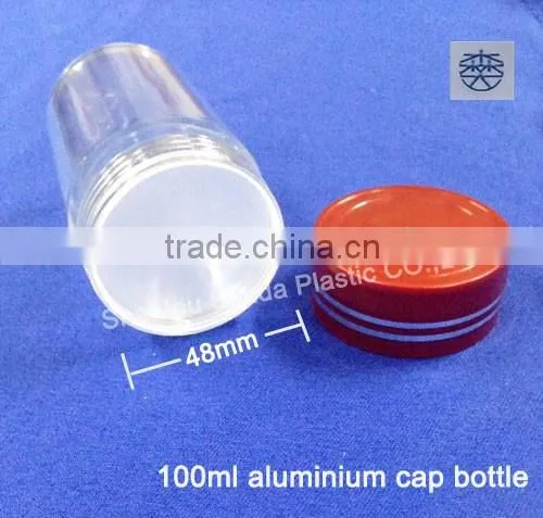 100ml clear aluminium cap bottle, trasparent PS capsule jar