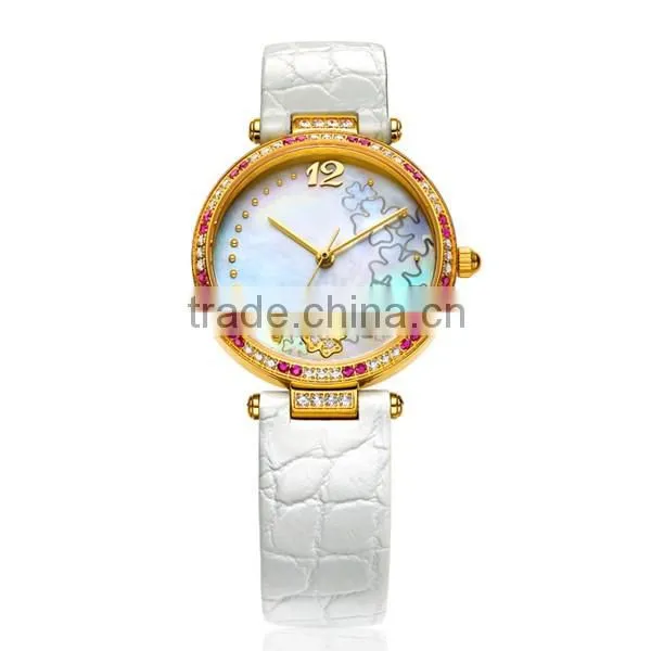 Gold Folwer Leather Shellfish Quartz Watch