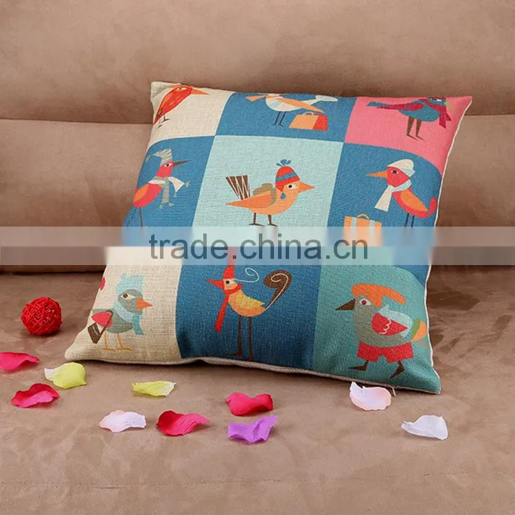 2015 Cotton and linen hold pillow Cartoon illustration wind happy bird cushion cover