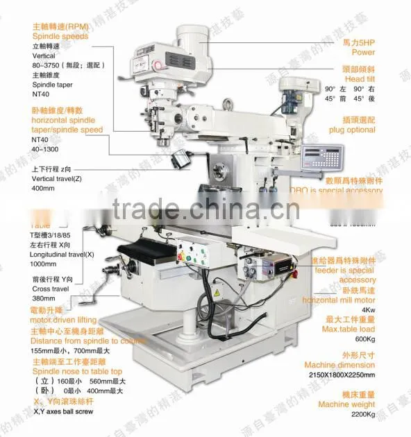 conventional horizontal and vertical l milling machine for metal