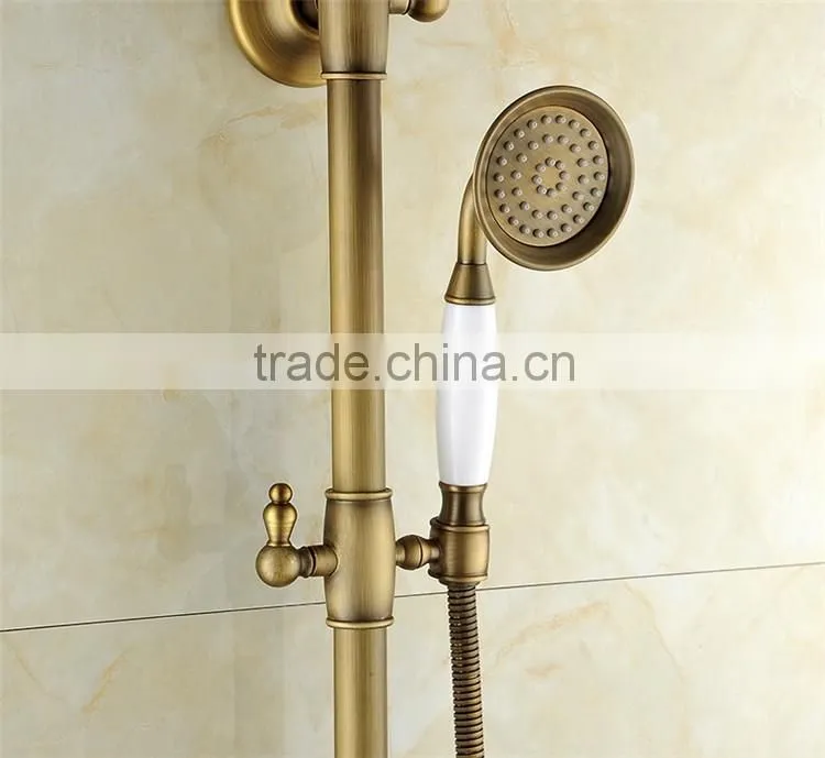 Popular antique style bathroom gold colored brass rainfall shower set antique bronze surface mounted bath shower set
