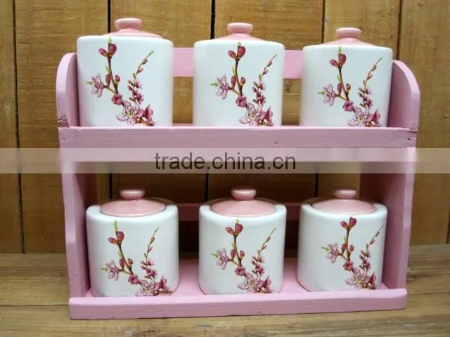 Yellow Flower Decal Ceramic 6 PCs Kitchen Spice Canisters with Wooden Stand