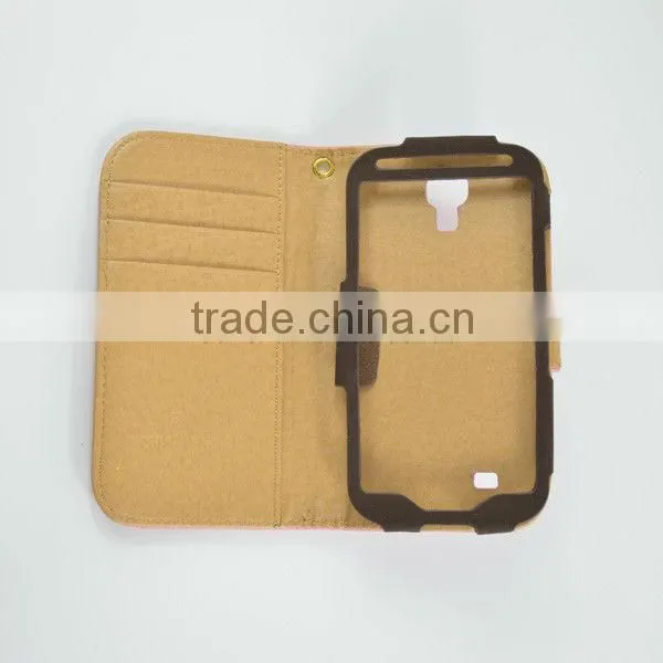 fashion real leather wallet phone case for Samsung i9500 with card slot and strap hot selling