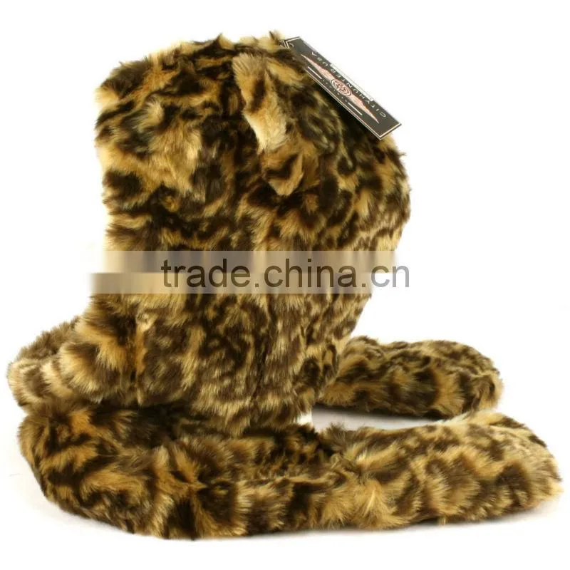 Adult winter faux fake animal fur scarf trapper hat w paw gloves mittens leopard fashion winter animal hat