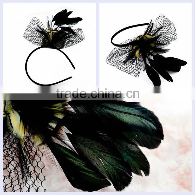 China hair accessory sexy mesh feather plastic bridal headbands